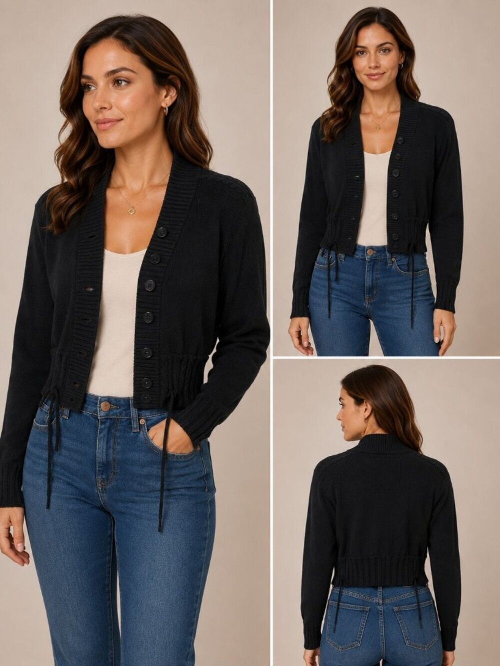 Red By Marc Ecko Cropped Cardigan W/Ribbed Details & Button-Up Front Blk Xsmall